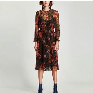 Zara Sheer Black Overlay Dress with Orange Velvet Print Long Sleeve Midi size L